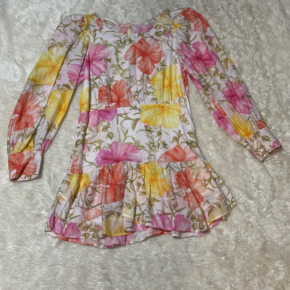 LoveShackFancy Floral Mini Dress in White with Pink & Yellow Blooms - Picture 2 of 7